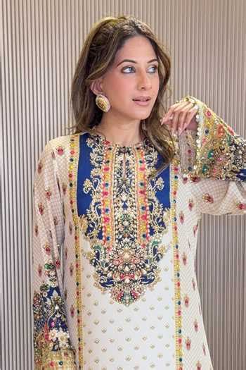 Buy Blue Crepe Zari, Stones, Mirrors Round Neck Kurta Palazzo Set For ...