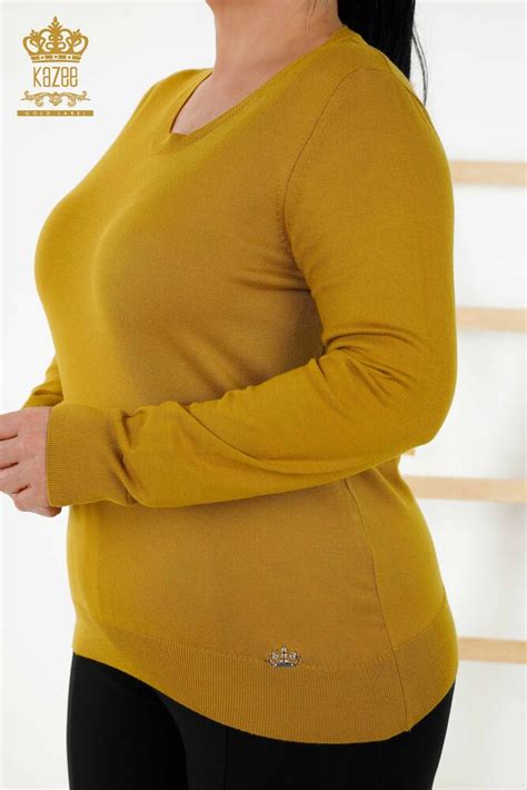 Großhandel Damen Strickpullover - Basic - Mit Logo - Senf - 30213 | KAZEE