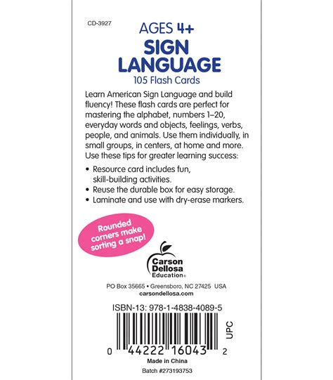 Carson Dellosa American Sign Language Flash Cards for Toddlers, 122 ASL ...