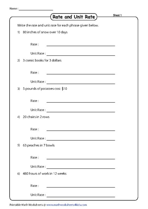 Rate and unit rate - N/A - Printable Math Worksheets ...