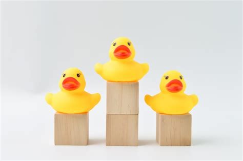 Toy ducks standing on the podiums the concept of victory and business ...