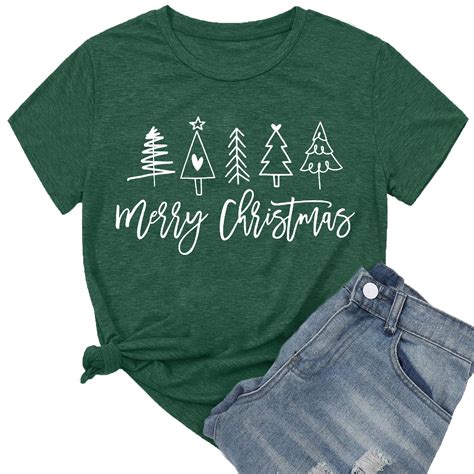 Merry Christmas Shirt for Women Christma Tree T-shirt Short Sleeve ...