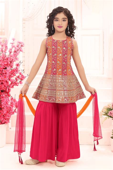 Rani Pink with Orange Sequins and Zari work Sharara Set for Girls ...
