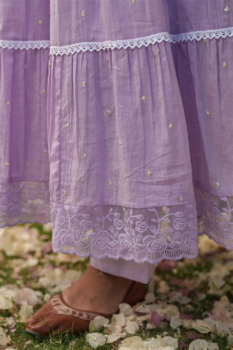 Shop Lavender Cotton Mulmul Solid-Sequined Tiered Anarkali Set | Scakhi ...