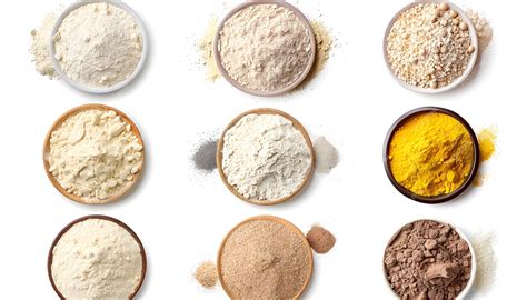 Different types of flour on white background top and side views Collage ...