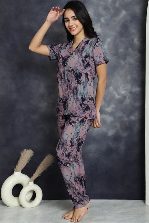 Pink Abstract Printed Viscose Rayon Night Suit for Women | S-XXL | Cla