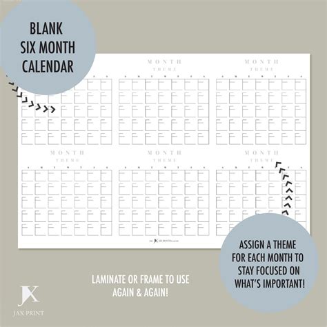 Blank Six Month Printable Calendar Planner, Minimalist Large Wall ...
