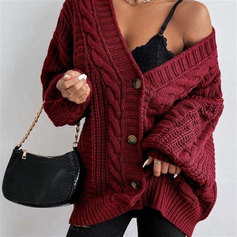 button down Burgundy Cable Knit Sweater Cardigan | Retro fashion women ...