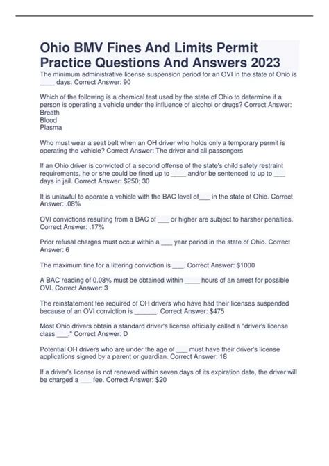 Ohio BMV Fines And Limits Permit Practice Questions And Answers 2023 ...