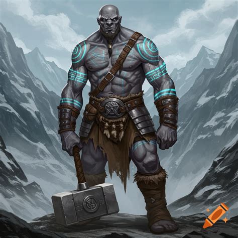 A muscular, bald Goliath warrior with grey skin and glowing blue tribal ...