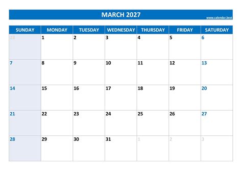 March 2027 calendar -Calendar.best