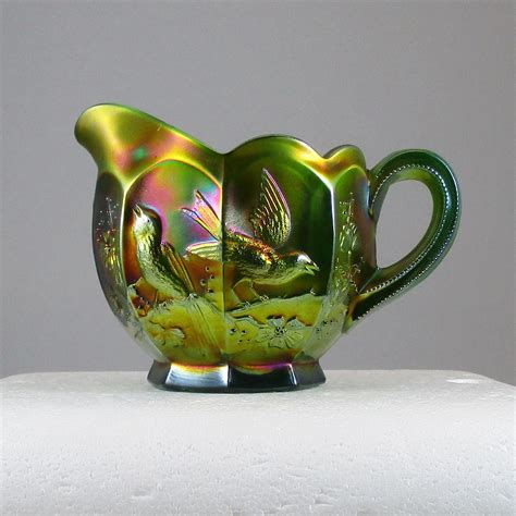 Antique Northwood Singing Birds Green Carnival Glass Creamer – Carnival ...