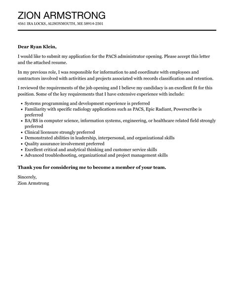 PACS Administrator Cover Letter | Velvet Jobs