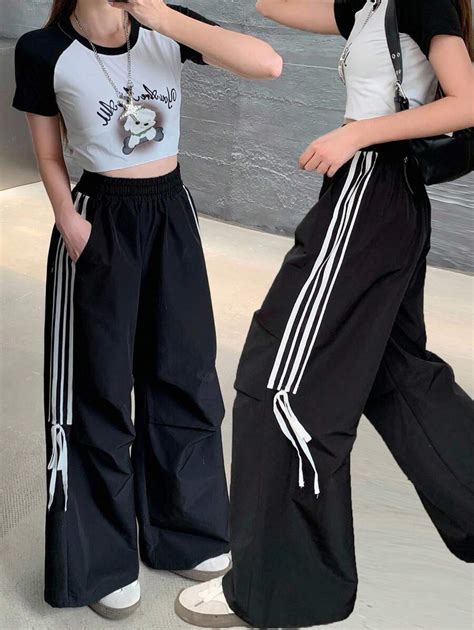 SHEIN Teen Girls Casual Street Elastic Waist Contrast Striped Side Bow ...