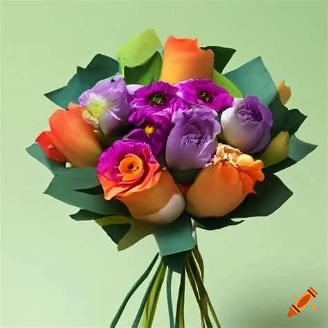 Floral arrangement of purple, orange, and green flowers on Craiyon
