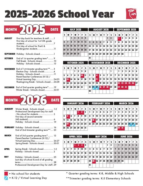 APS School Calendar with Holidays 2025-2026 [Academic Year]