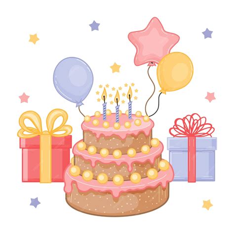 Birthday Cake And Balloons And Gifts