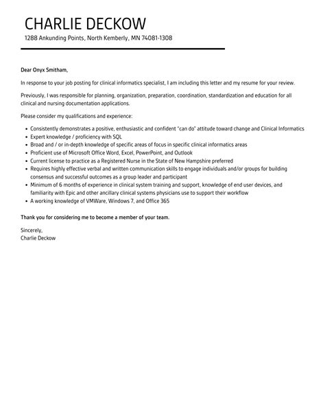 Clinical Informatics Specialist Cover Letter | Velvet Jobs