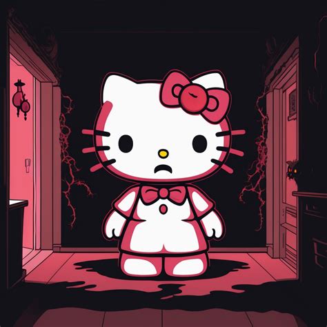 Scary demon Hello Kitty in dark room