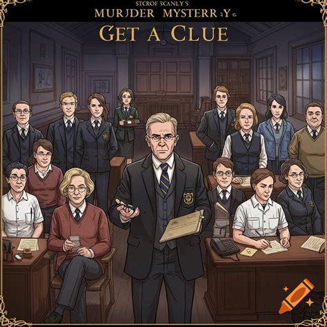 Outline for a murder mystery play, 'Get a Clue', set at a school on Craiyon