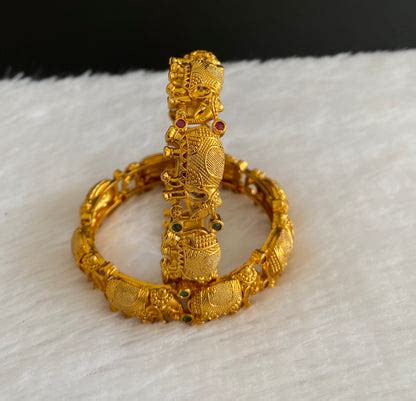 Antique gold tone pink green stone elephant bangles(2.8) dj-53405 ...