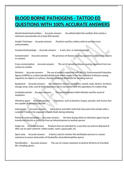 BLOOD BORNE PATHOGENS - TATTOO ED QUESTIONS WITH 100% ACCURATE ANSWERS ...