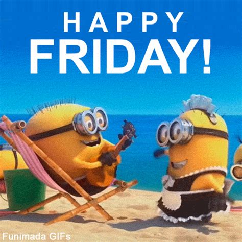 Funny Happy Friday GIF with Minions on the Beach | Funimada