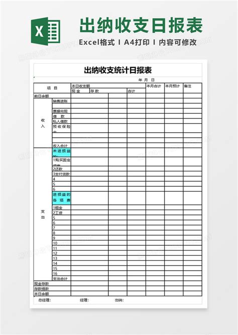 出纳收支统计日报表Excel模板下载_熊猫办公
