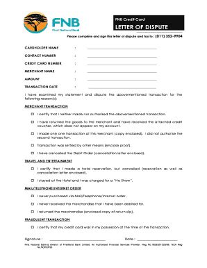 FNB Credit Card Dispute Letter - Blank Fillable Template | Fill Out ...