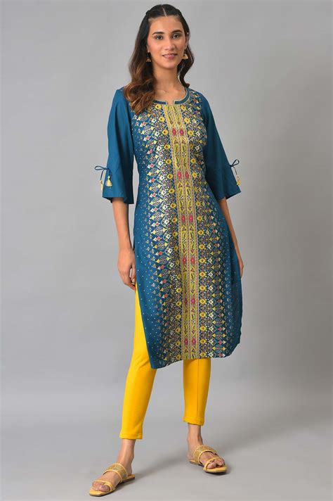 Buy Blue Floral Printed Sequined Ethnic Liva kurta Online for Woman ...