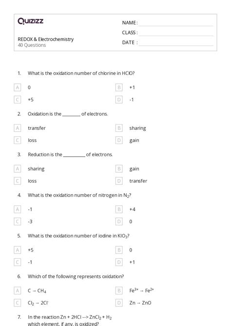 50+ redox reactions and electrochemistry worksheets for 10th Class on ...