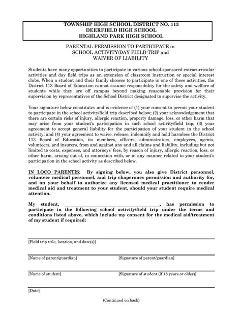 Parental Permission to Participate in School ActivityDay Field Form ...