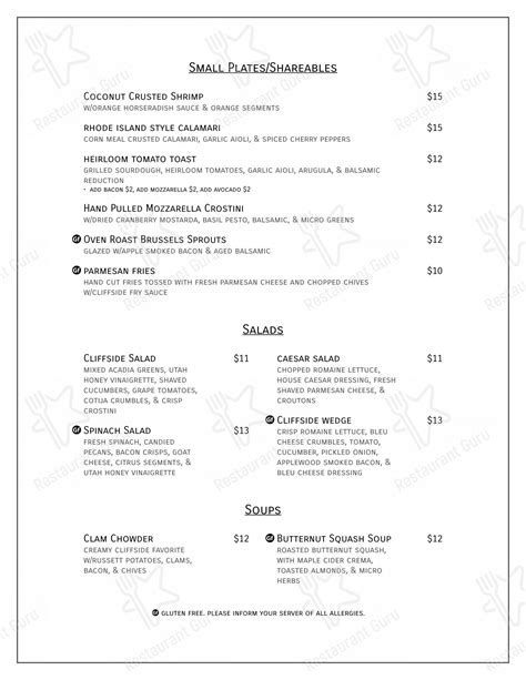 Menu at Cliffside Restaurant, St. George