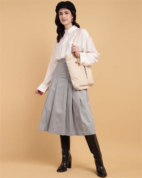 Women’s Grey Pleated A-Line Midi Skirt – Calf-Length-2933 – Sands of India