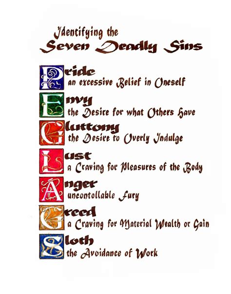 Seven Deadly Sins Colors - Preschool Coloring Printables