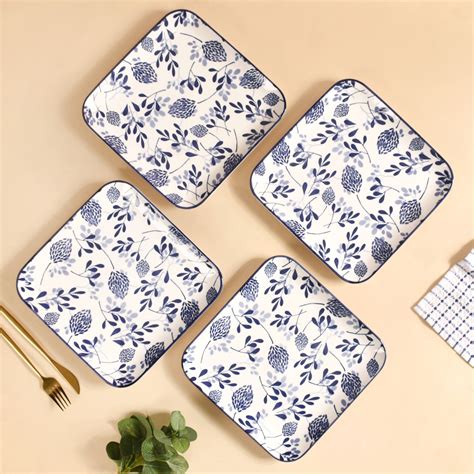 Set Of 4 Blue Ceramic Square Dinner Plates 9x9 Inch Online - Premium ...