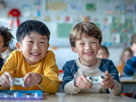 Two happy children playing video games in classroom | Premium AI ...