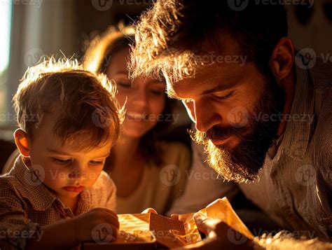 padre alegremente ayuda su joven hijo desenvolver pequeño regalo como ...