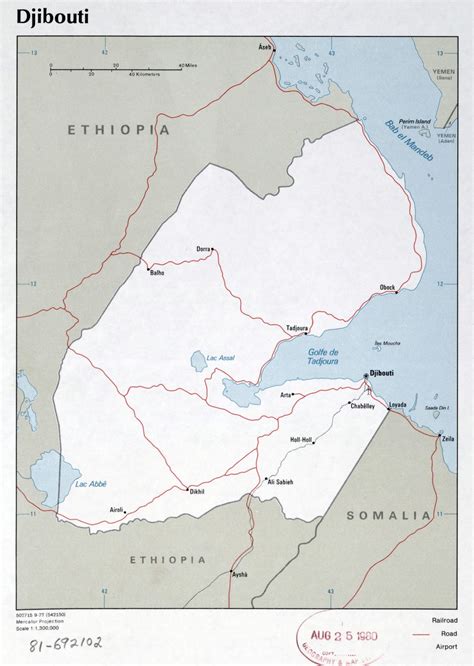 Large scale political map of Djibouti with roads, major cities and airports - 1977 | Djibouti ...