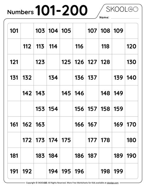 101-200 Number Chart Printable