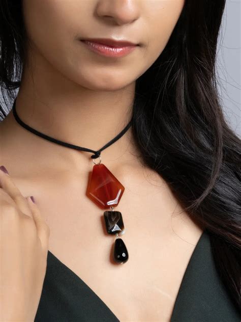 Brown Black Onyx Agate Sleek Necklace With Adjustable Suede Cord ...