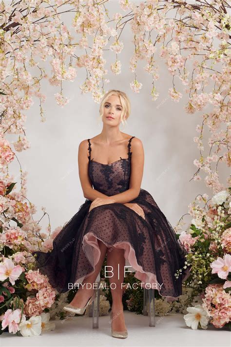 Custom Black Lace Strap Dot Tulle Vintage Blush Tea Length Bridal Dress
