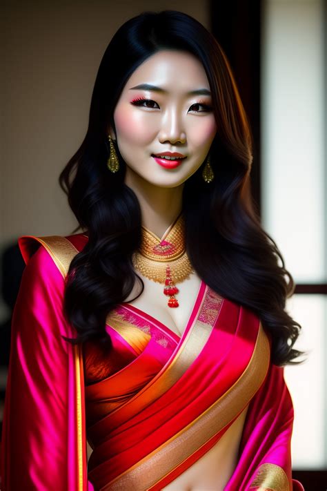 Lexica - Japanese babe anri okita wearing a transparent red saree and not wearing any blouse