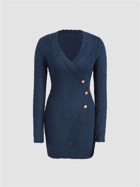 Knit V-neck Long Sleeve Short Dress For Work