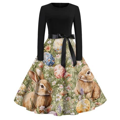 HAJWOH Womens Easter Dresses 2025 Long Sleeve Bunny Egg Graphic Spring ...