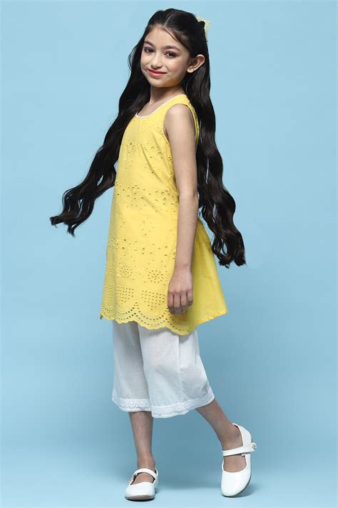 Buy Yellow Schiffli Cotton Kurta & Cropped Palazzo Online at Biba India