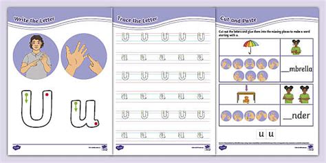 Letter U Handwriting Worksheets with Auslan