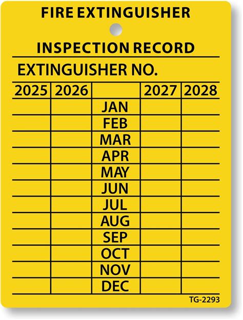 SmartSign 4-Year Yellow Fire Extinguisher Tags Monthly Inspection (10-Pack), 2.25" x 3", 2024 to ...