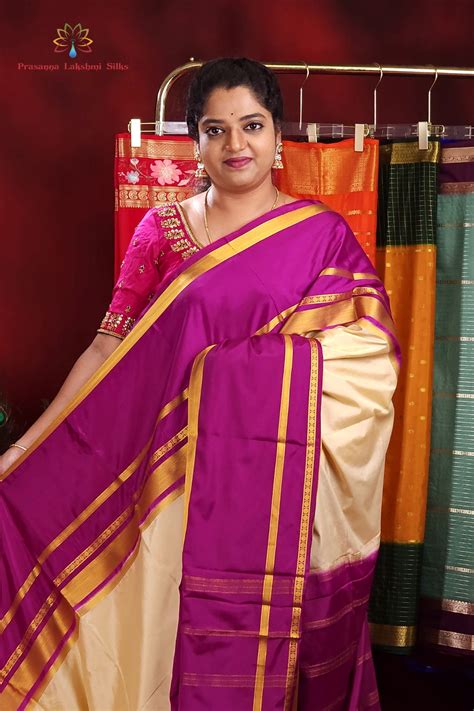 Cream and Purple Semi Mysore Silk Saree – Prasannalakshmisilks