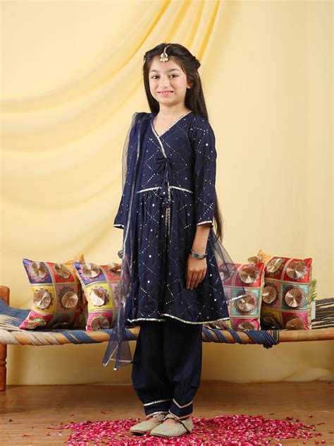 Cutiekins Girls Embroidered Angrakha Kurta & Salwar with Dupatta -Deep